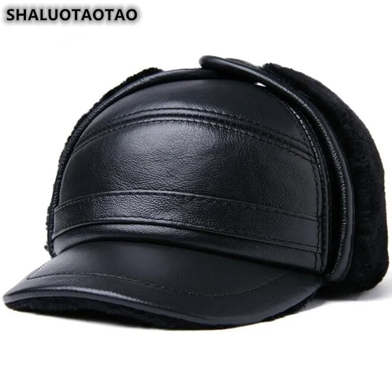

Winter Fashion Cowhide Thicken Plush Baseball Cap Men's Leather Hat Thermal Ear Protection Bomber Hats Gorra