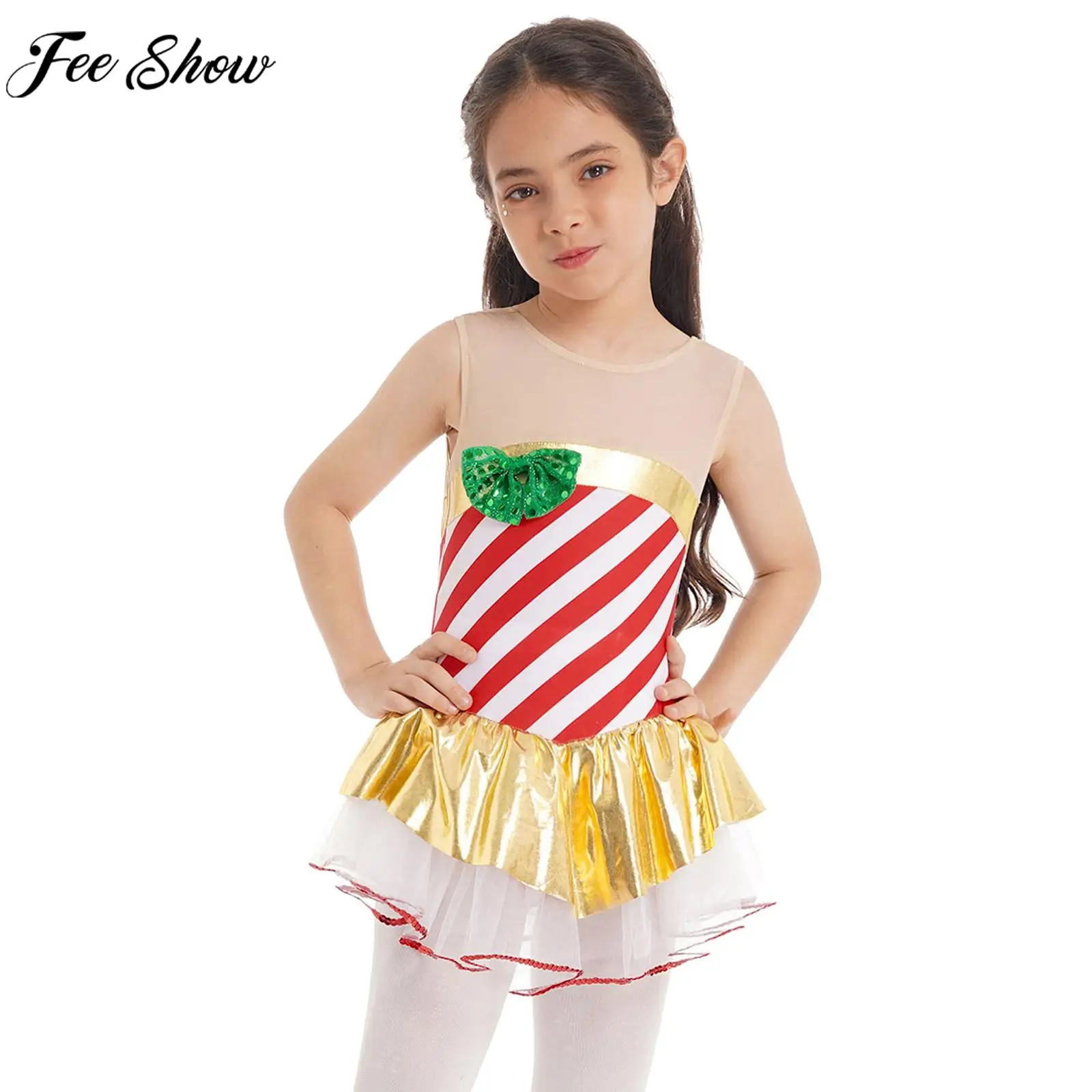 

Little Girls Christmas Costume Sleeveless Striped Sequin Mesh Leotard Tutu Dress Ballet Gymnastics Figure Skating Dancewear