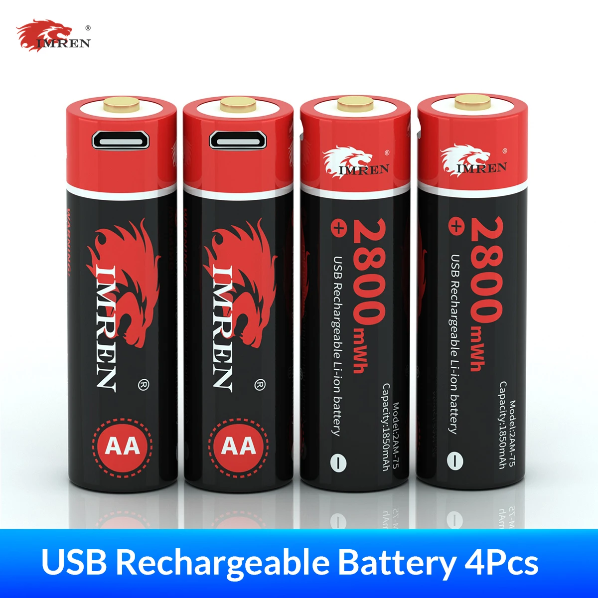 IMREN 4 pezzi batteria AA 1.5V Li-ion AA batterie ricaricabili USB 2800MWH 2A aa batteria torcia con portabatteria AA