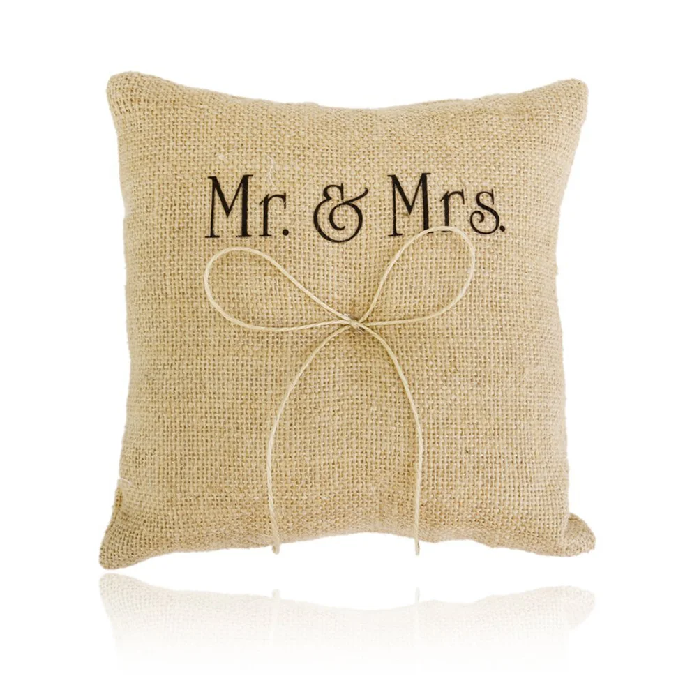 

Ring Pillow Wedding Bearer Cushion Mrholder Burlap Jewelry Heart Bridal Double Party Vintage Linen Ribbon Pillowssupplies Flower
