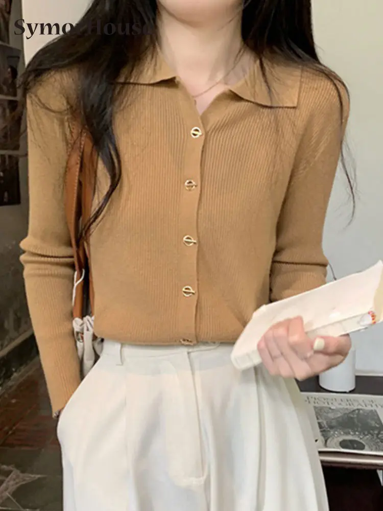

Spring Autumn Winter Vintage Buttons Knitted Sweater Women Elegant Loose Sweater Tops Long Sleeve Turn-down collar Pullover