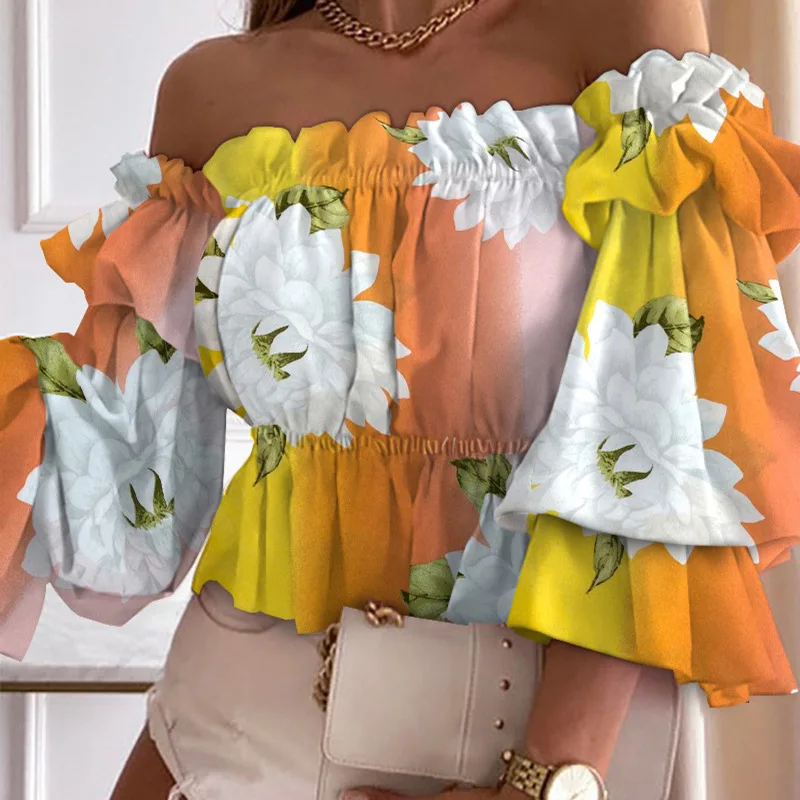 

Women T Shirts Olivekwok Ruches Gradient Ruffle Half Sleeve Streetwear Female Tops Sexy Slash Neck Fashion Print Summer Beach