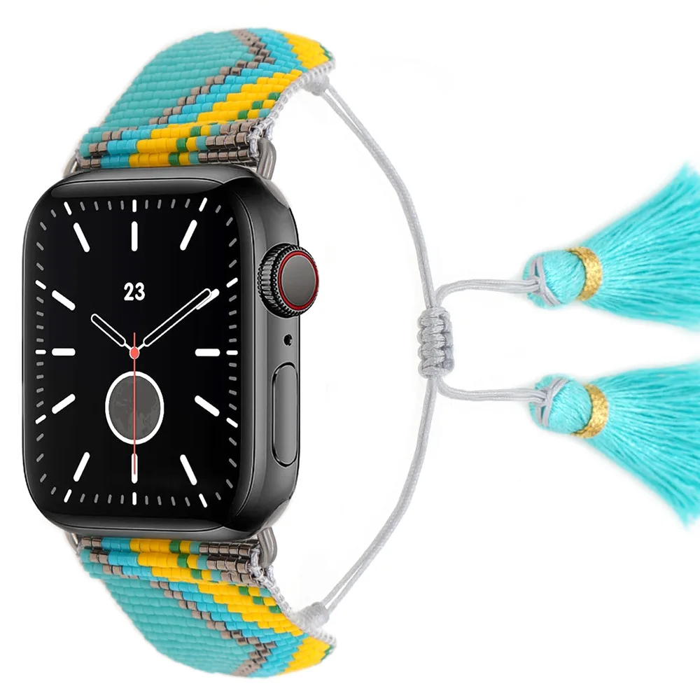 100% Rice Bead Manual Tassel Woven Strap for Watch Band National Fashion Style Suitable for Apple Watch 1-7 Series Wrist strap