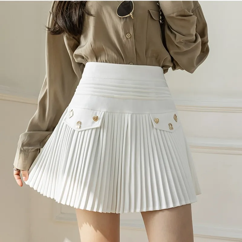 

Runway Korean College Style Fashion Women Elegant Fake Pocket Slim Skirt Female High Waist Stitching Pleated Mini Skirts