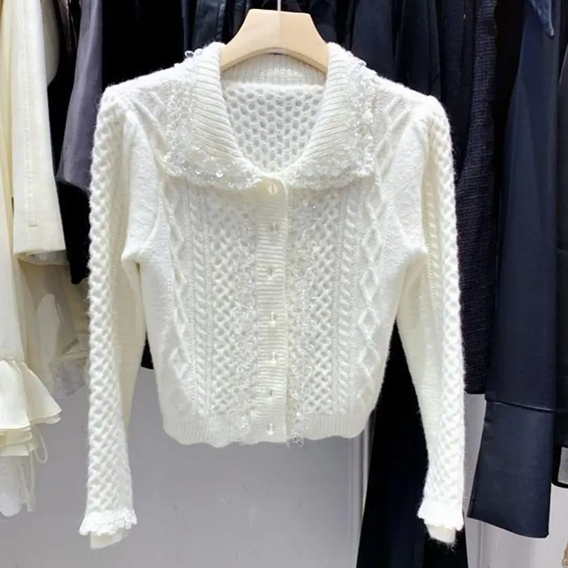 

2023 Spring New women sweet luxury crystals Peter pan collar cardigan long sleeves sweater Female tops Y3725