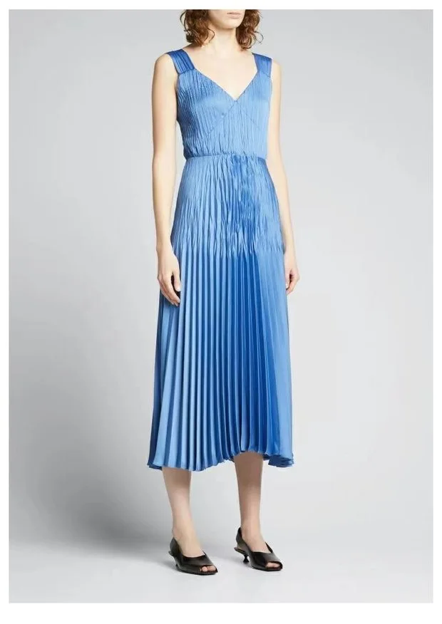 

Women's V-Neck Spaghetti Strap Slim Waist Pleated Midi Dress