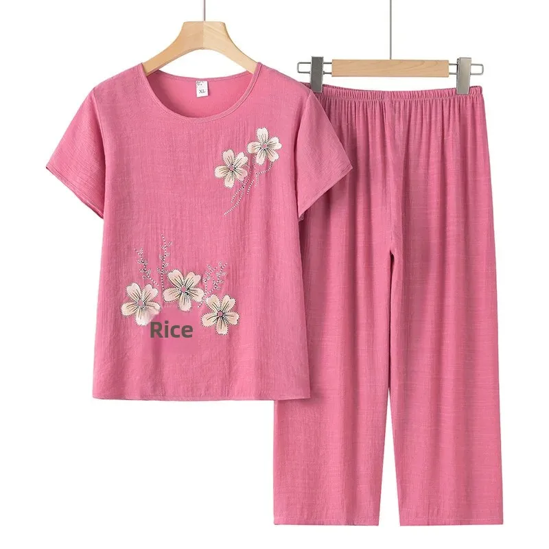 Летний комплект из двух предметов для пожилых женщин с принтом чая молоком и