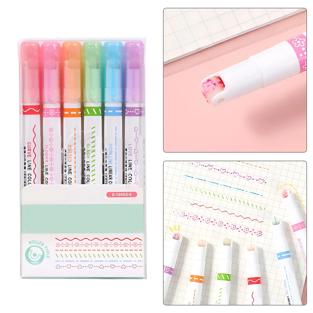 

6pcs Colorful Curve Pens Quick Dry Highlighters Set with 6 Different Curve Shapes 0.5mm Fine Point Curve Highlighter Pen