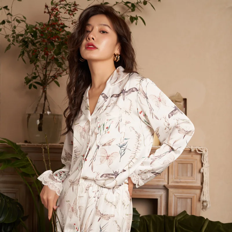 Women's 2 Piece Pajamas Sets Lapel Flower Pijama Ice Silk Female Pyjama Sleepwear Long Sleeve Shirt Pants Homewear Loungewear