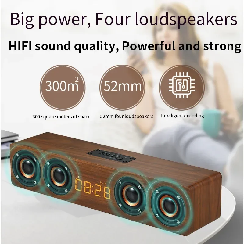 

New Wireless Bluetooth Speakers Wooden Digital Clock BT Sound Box Heavy Bass FM Radio 3D Stereo Surround Sound Bar caixa de som