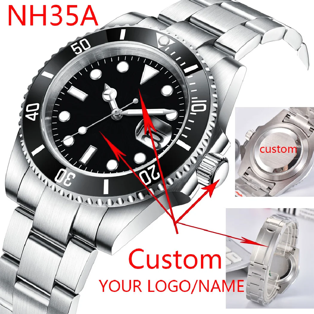 

Автоматические механические мужские наручные часы с логотипом на заказ, 40 мм Sapphire NH35 8215, стерильный циферблат, керамические светящиеся спортивные мужские часы 10 бар