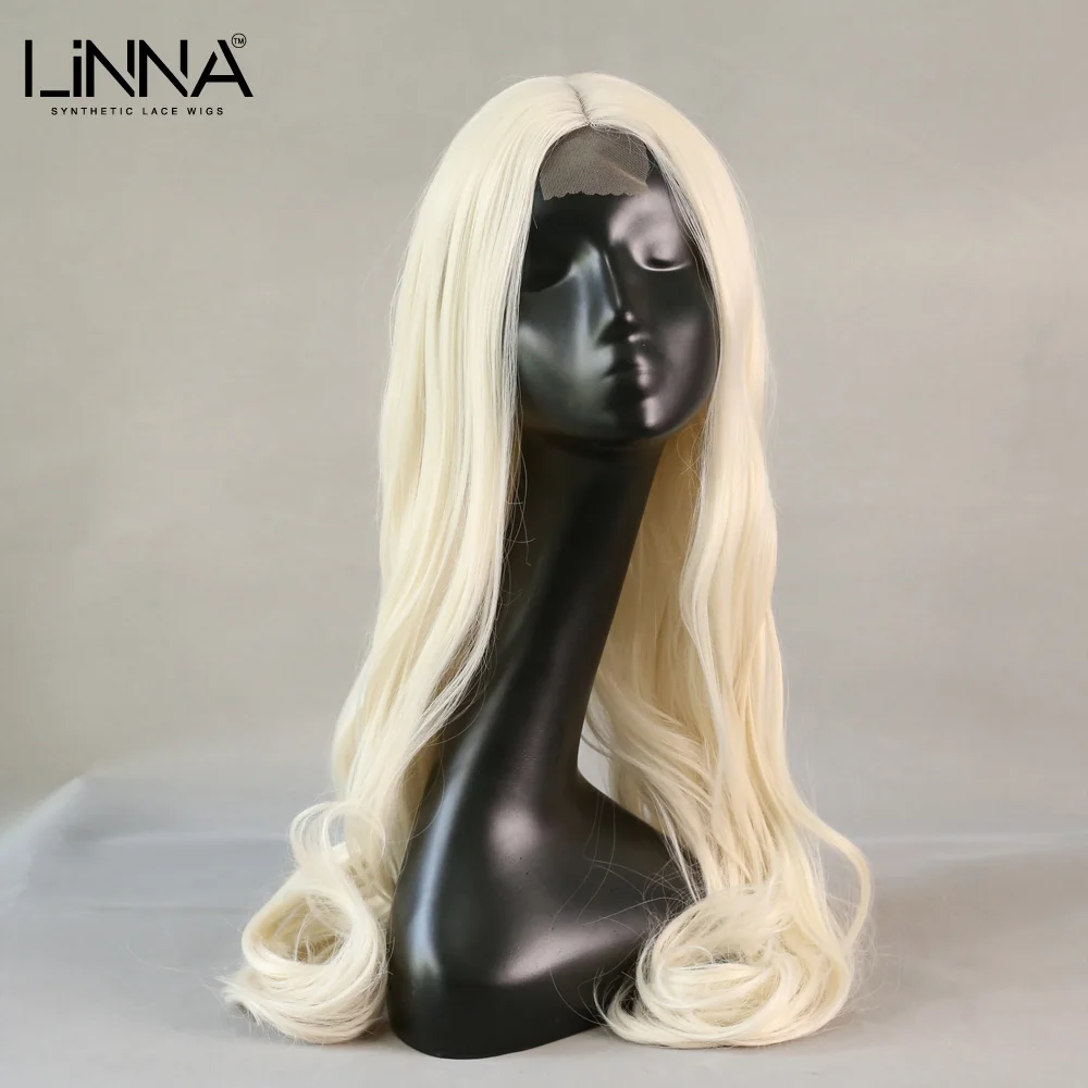 

LINNA 26 Inch Synthetic Lace Wigs For Women High Temperature Fiber Cosplay Wig Long Wavy Natural Hairline White Blonde Wigs