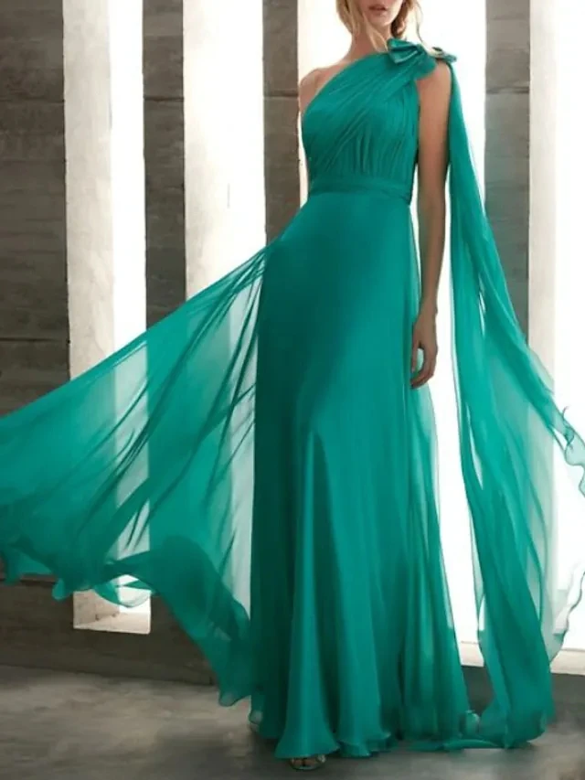 

Элегантное Длинное Платье для гостей свадьбы, официальное вечернее платье на одно плечо, без рукавов, в пол, шифоновое платье с бантом (s), драпировкой с рюшами