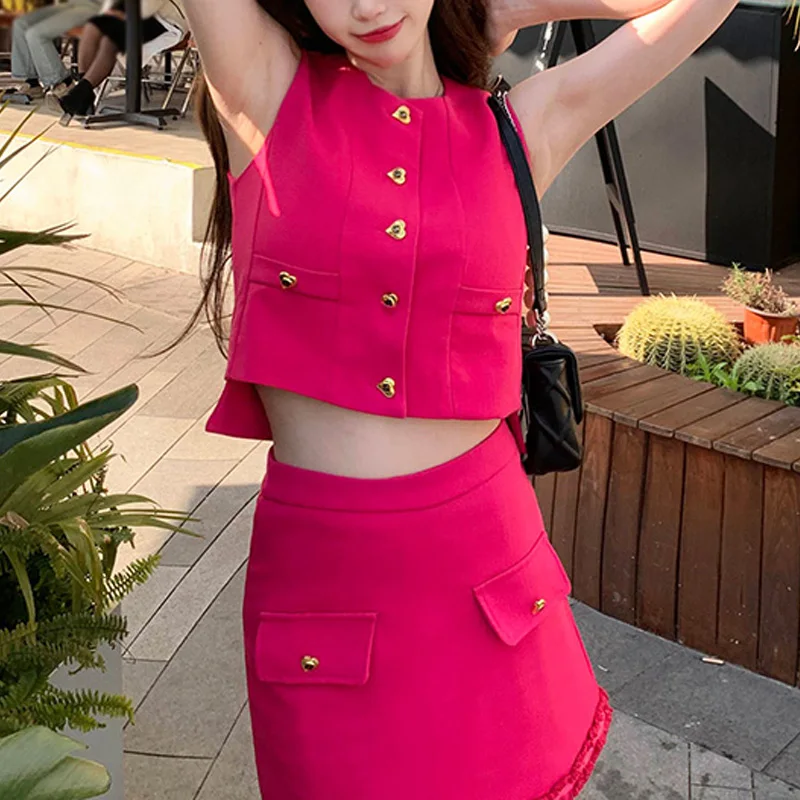 

SummerSmall Fragrance Women Single Breasted Sleeveless Vest Crop Coats Top And Mini Skirts Sets Suits for Woman