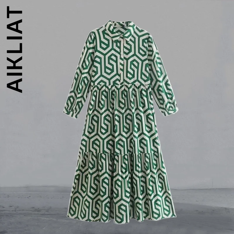 

Aikliat Vintage Geometric Print Pleats Pleats Ruffles A Line Slim Midi Shirt Dress Holiday Casual Women's Dresses Vestidos