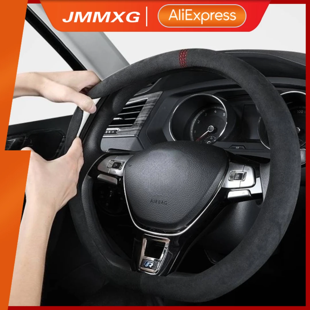 

JMMXG замша бычья кожа Чехол рулевого колеса автомобиля 38 см Нескользящие износостойкие поглощающие Пот Спортивные автомобильные чехлы на ру...