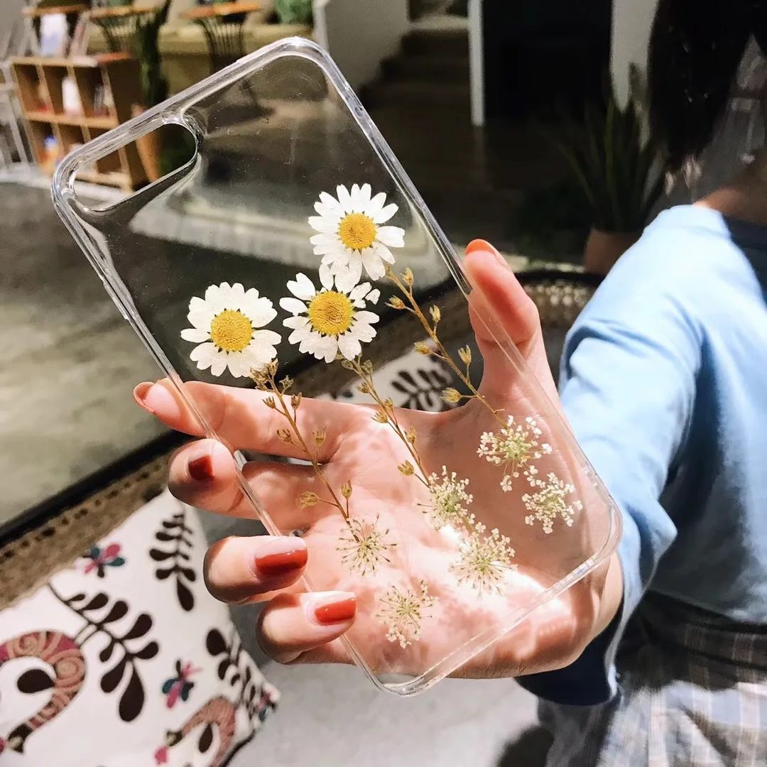 Real Dried Flowers Glitter Phone Case for IPhone13 14 Pro Max Case 7 Plus X XR 12 11 Case Epoxy Daisy Transparent Soft TPU Cover