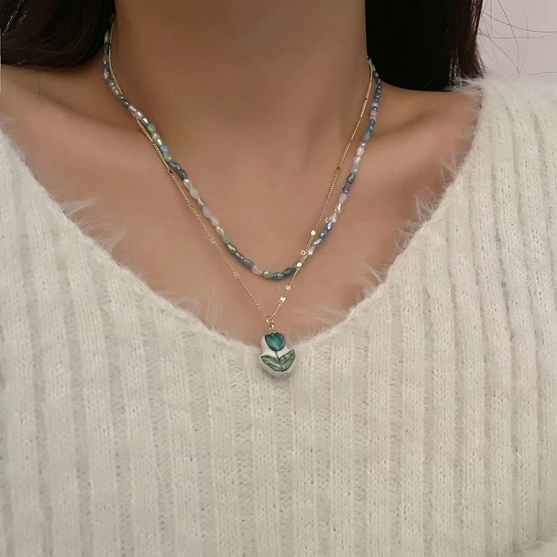 

Женская двухслойная цепочка с подвеской в виде цветка, украшенная кристаллами и бусинами, Ювелирное Украшение в корейском ретро-стиле, 2022