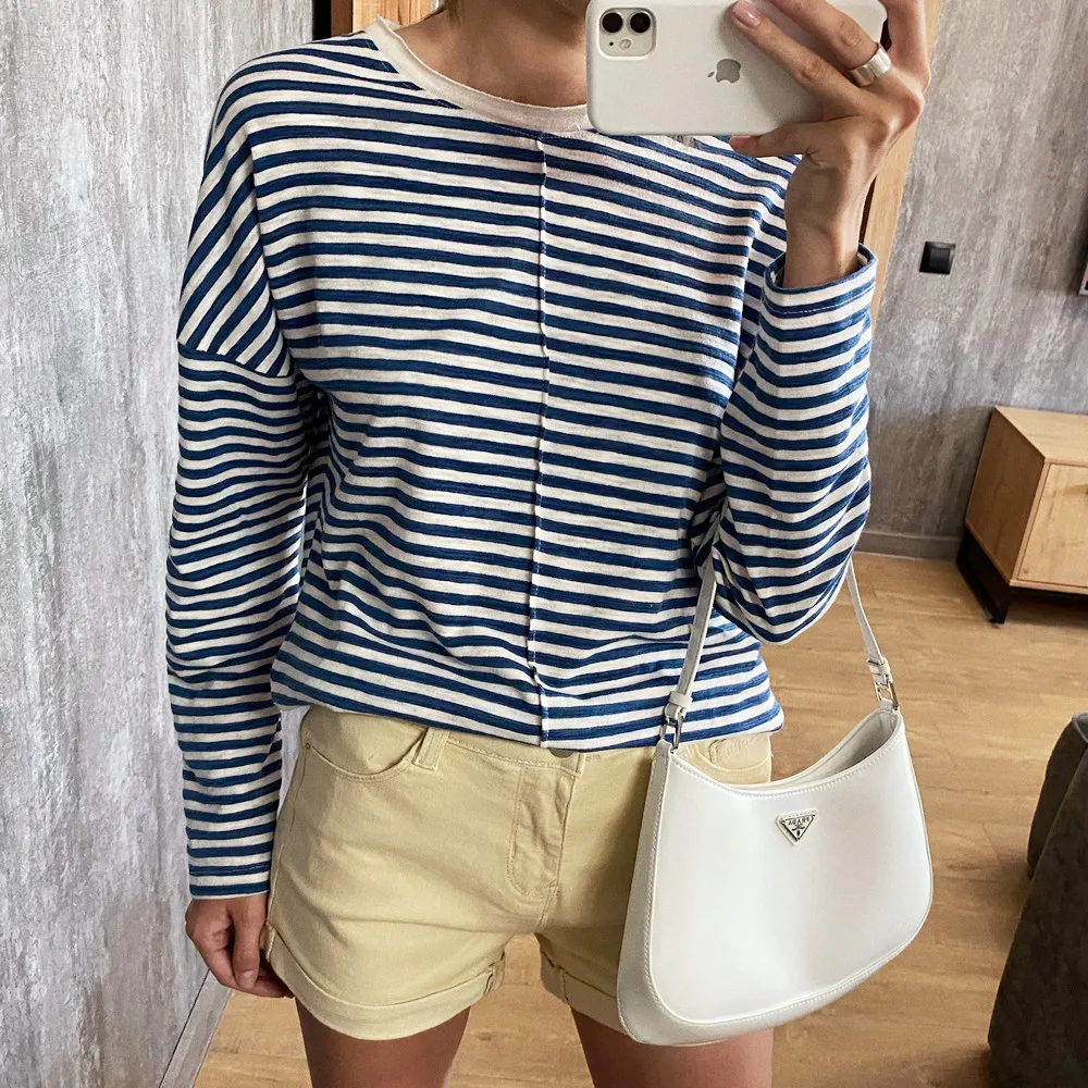 Comfortable stitching striped long-sleeved T-shirt women's spring and summer new loose casual sea soul shirt