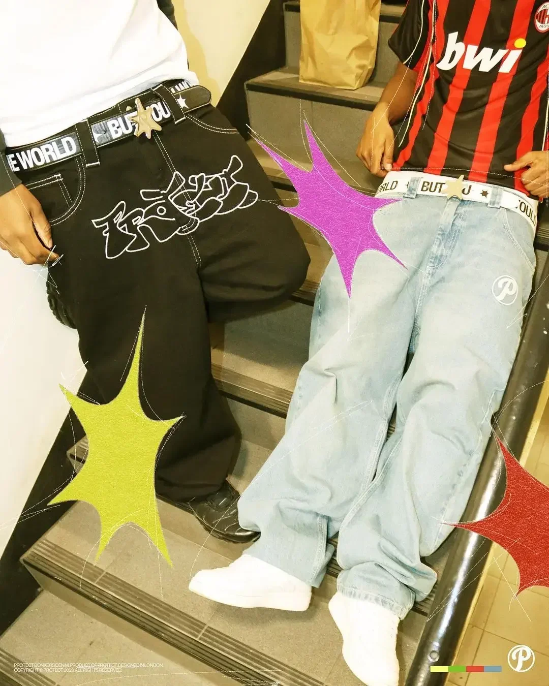Y2K Męskie niebieskie dżinsy z nadrukowanymi literami wysokiej klasy moda hip-hopowy trend proste spodnie na co dzień luźna para uliczne