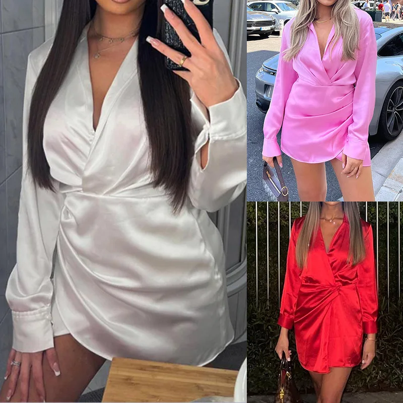 

2022 Verão Nova Moda Feminina Cetim Mini Vestido Retro V Pescoço Manga Longa Vestido Das Mulheres Elegante Party Club Mulheres