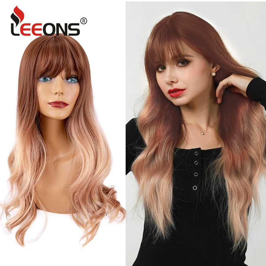 

Leeons Synthetic Long Wig With Bangs Ombre Light Brown Wigs For Women Wavy Wigs Heat Resistant Wigs For Daily Party 24 Inch