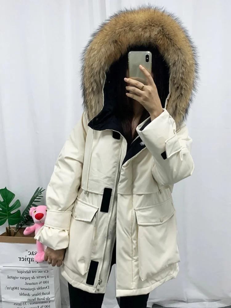 New Winter Real Fur Hooded Snow Thick Parkas Women Fashion White Duck Down Jacket Warm Coat Waterproof Down Overcoat