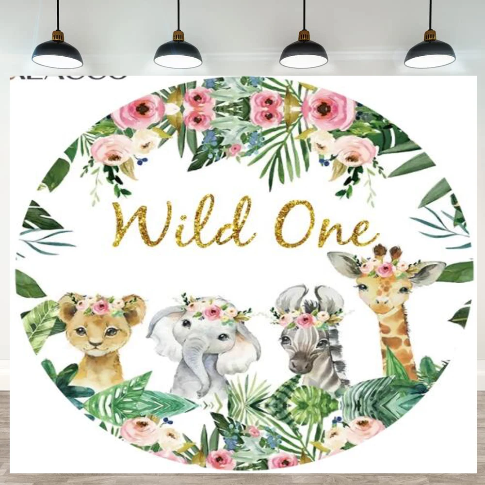 

Photography Backdrop Green Leaves Flower Jungle Animal Wild One Birthday Round Banner Background Poster Circle Decor Props