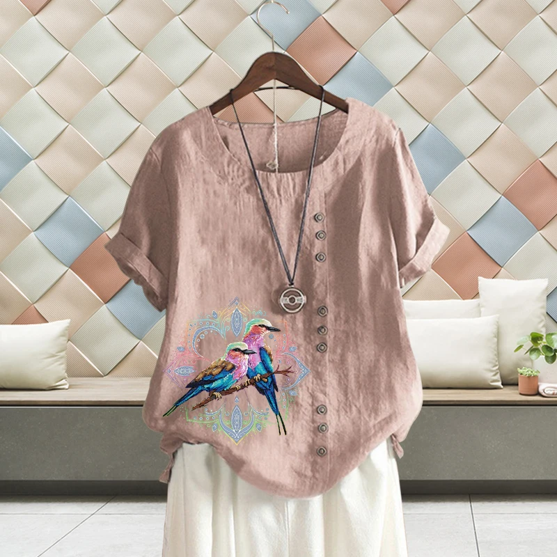 

2022 винтажная женская летняя блузка с коротким рукавом, футболка с принтом мультяшных птиц, свободные однотонные хлопковые льняные топы с круглым вырезом