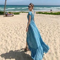 new sky blue long floral dress women summer 2022 runway backless elegant korean boho maxi dress casual beach vacation dresses