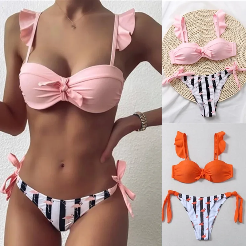 

Summer new Women's 2Pcs Summer Beach Bathing Suit Bowknot Ruffle Sleeve Crop Tops + Striped Print Briefs Swimsuit sweet Swimwear