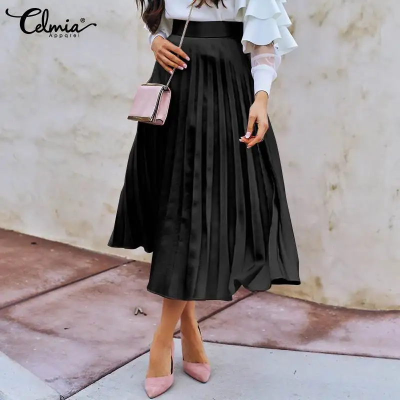 

Celmia Elegant High Waist Pleated Midi Skirt Fashion Streetwear Women Satin Skirts 2022 Spring Summer Casual A-line Swing Jupes