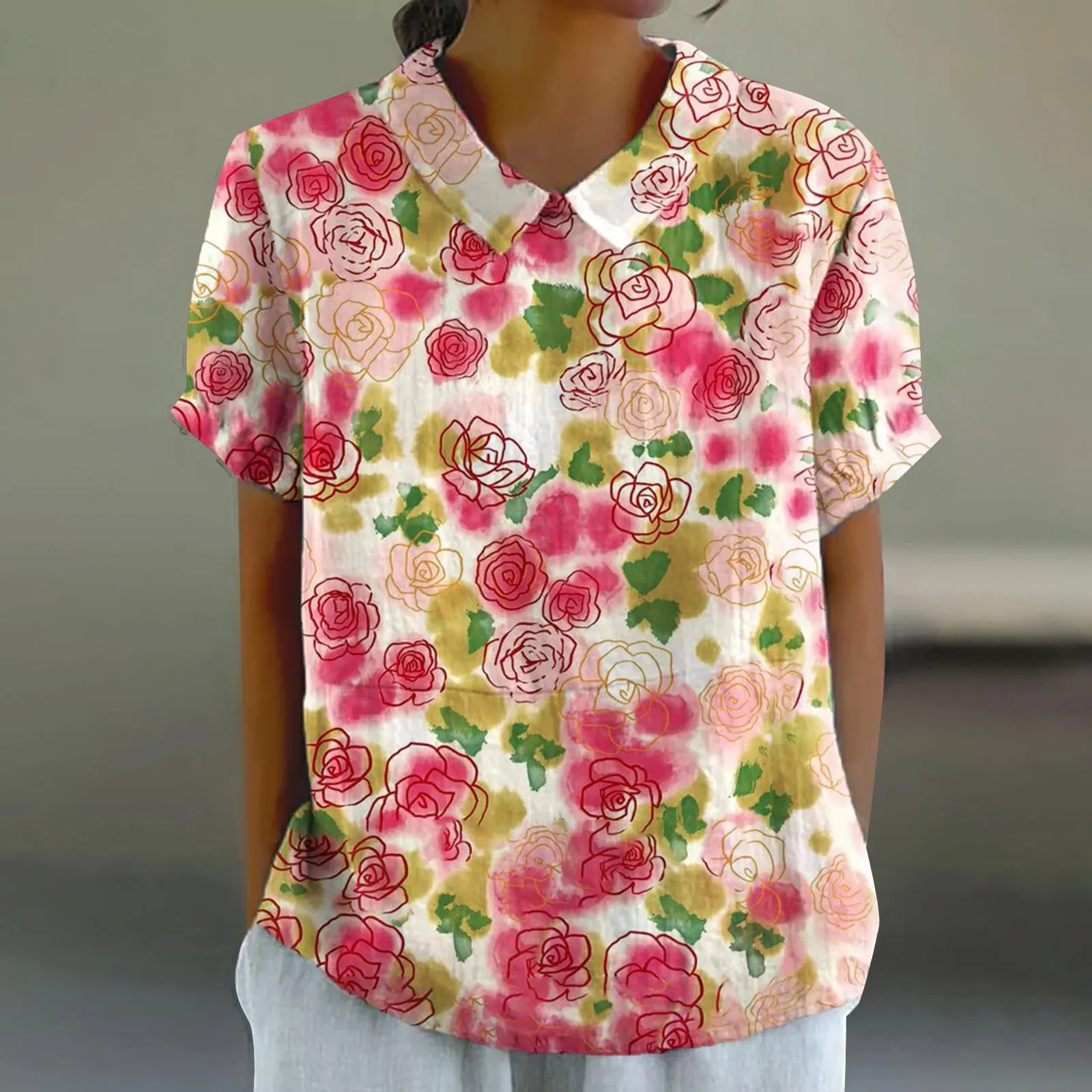 Легкая льняная рубашка с цветочным принтом женская повседневная блузка для