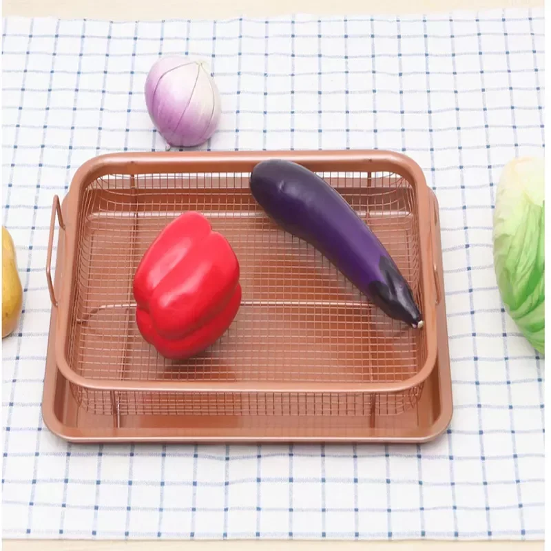 

Non-stick French Fries Fryer Copper Crispy Tray Rectangle Durable Mesh Basket With Reinforced Ceramic Coating Tray
