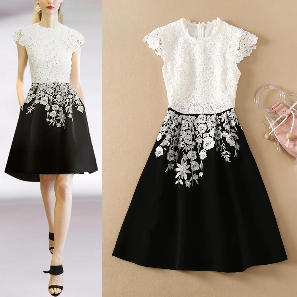 2022 Summer Women Short Dress White Lace Flower Embroidery Top Black Skirt Pleated A Line Runway Vestidos