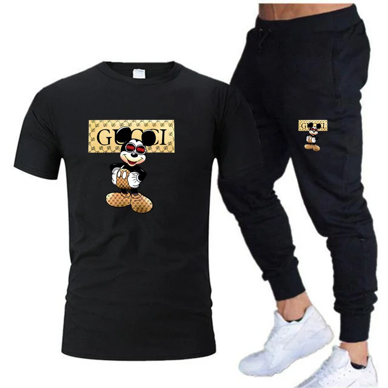 

Новинка весна-лето 2023, Мужская футболка, спортивный комплект из двух предметов, топ в стиле Харадзюку с короткими рукавами, брюки в строгом с...