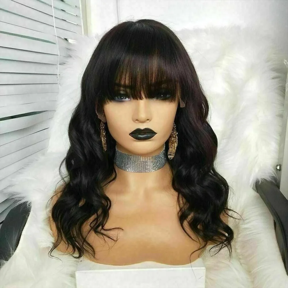 

Body Wave Human Hair Wigs With Bangs 250 Density Peruvian Virgin Full Machine Made Wig For Black Women Female Sale Natural 1B#