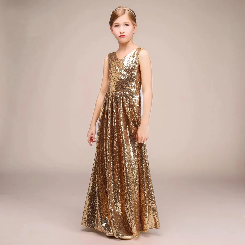 

Golden Glitter Sequined Fluffy Flower Girl Dresses A Line Custom Made Floor Length Kids Birthday Party Dress