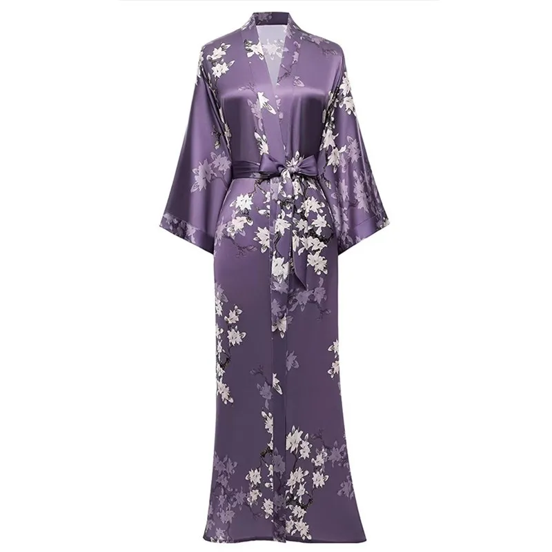 

Casual Nightgown Print Flower Kimono Robe Home Dressing Women Gown Soft SATIN Long Sleepwear Bathrobe Intimate Lingerie