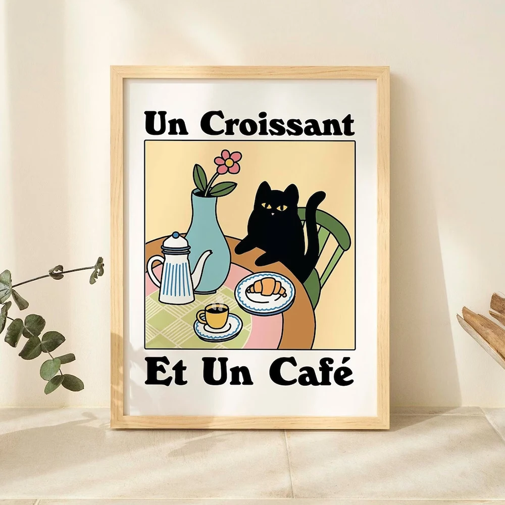 Ретро напиток французское кафе круассан кошка бистро кофе настенные