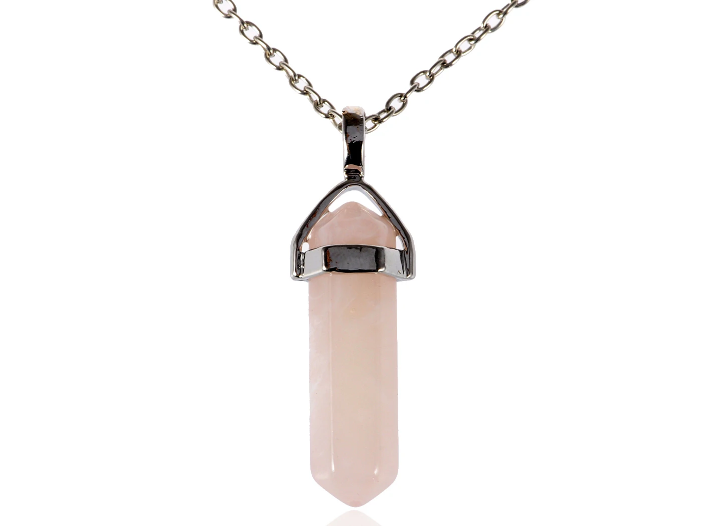 

Contemporary Silvery Metal Tone Pink Bullet Crystal Stone Pendant Necklace