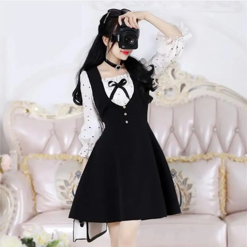 New Women's Dress 2022 Spring And Summer Dress Female Temperament Slim Seven-Point Puff Sleeve Skirt Black Polka Dot Stitching