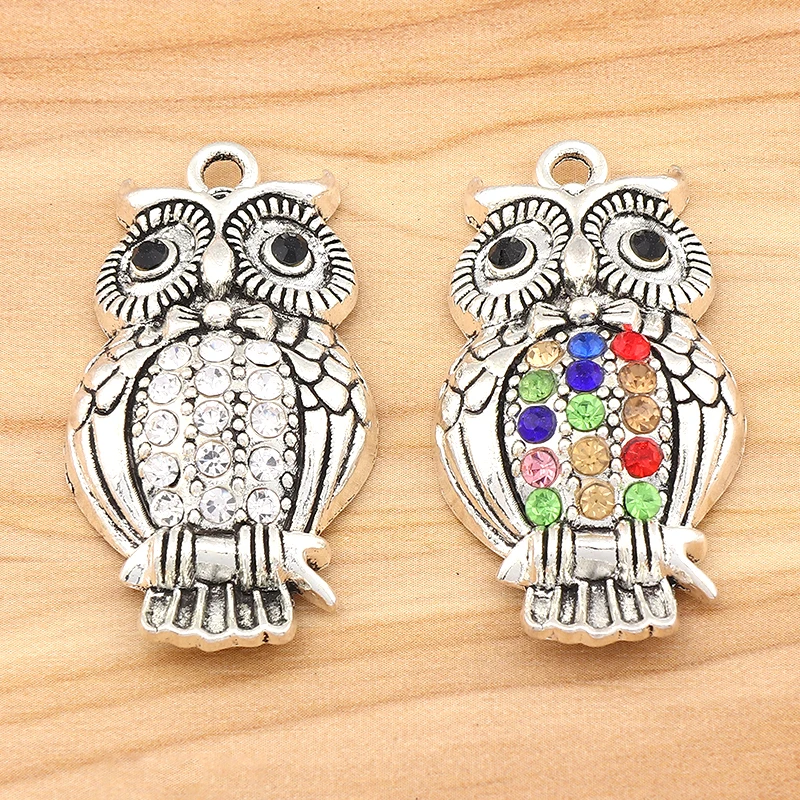 

6pcs Tibetan Silver Colorful Rhinestone Owl Bird Charms Pendants For DIY Necklace Jewelry Making Finding Supplies 45x24mm