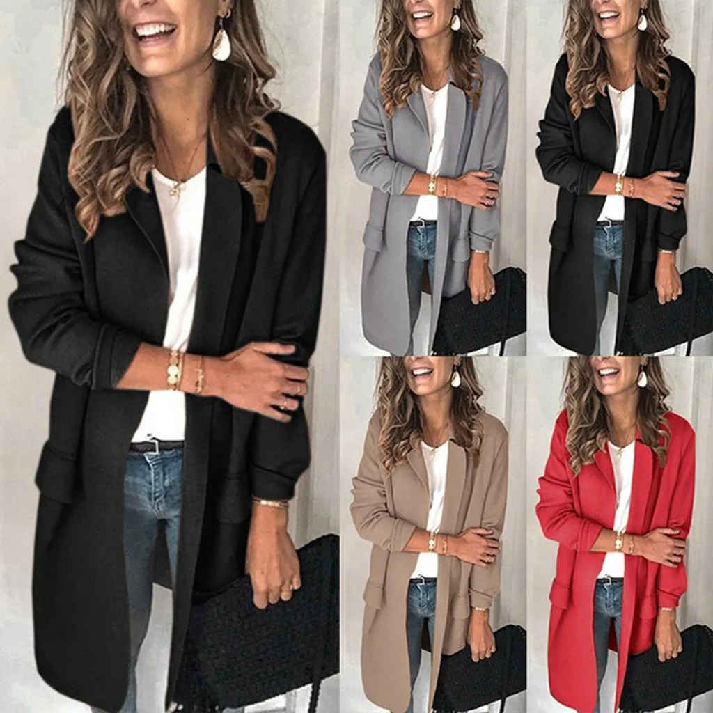 

Fahion Women Autumn Winter Pure Color Long Sleeve Tailored Coat False Pocket Customized Leisure Suit Coat Outwear Jacket Suit