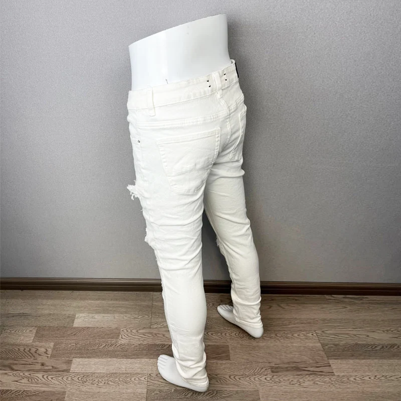 Fashion Designer Men Jeans White Color Stretch Elastic Slim Fit Ripped Jeans Men Streetwear Patched Hip Hop Brand Pants Hombre