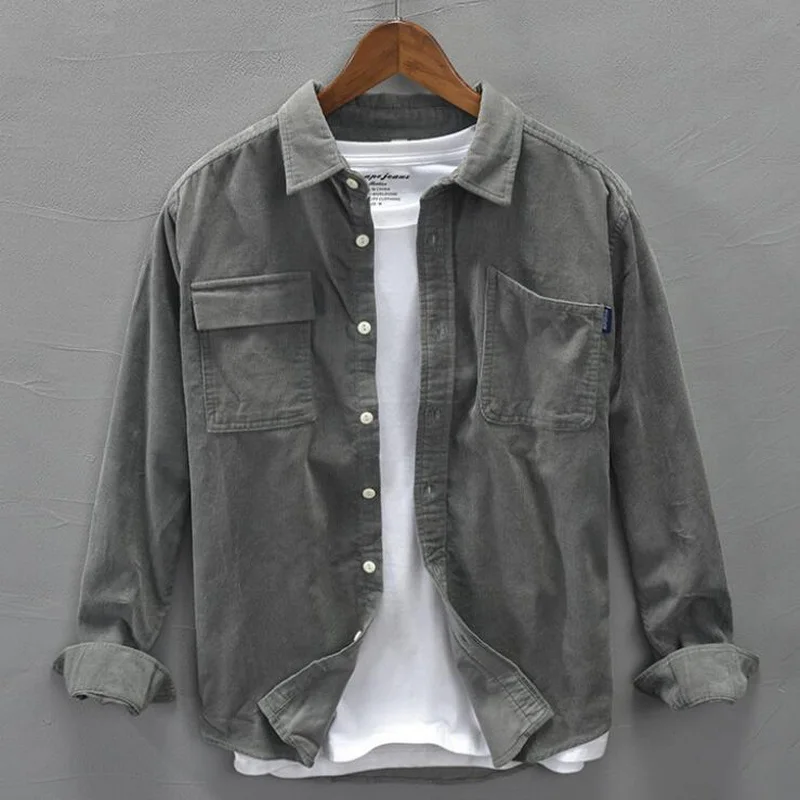 Big-Pocket Men Corduroy Pure Cotton Shirt Full Sleeve Vintage Pockets Warm Gray Casual Top Young Cotton Trendy Shirt