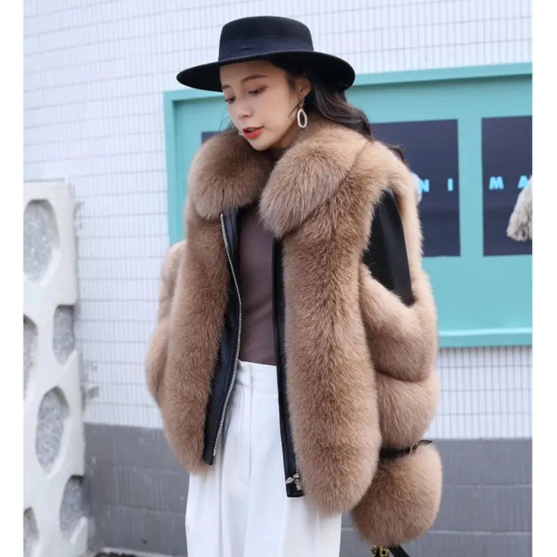 Woman High Quality Faux Warm Rabbit Coats Female Warm Outerwear Autumn Faux Fox Fur Collar Elegant Coat Jacket Overcoat G271