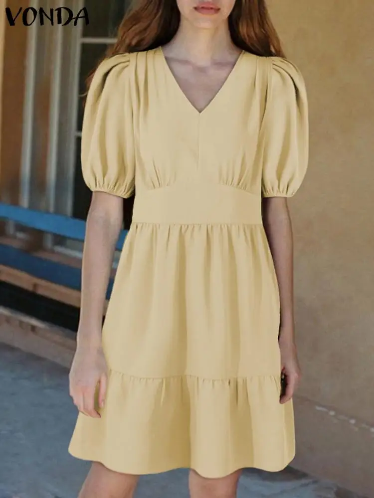 

Summer Mini Dress VONDA Casual Loose Bohemian Vestidos Women Sexy V Neck Robe Puff Sleeve Solid Short Sundress Oversized