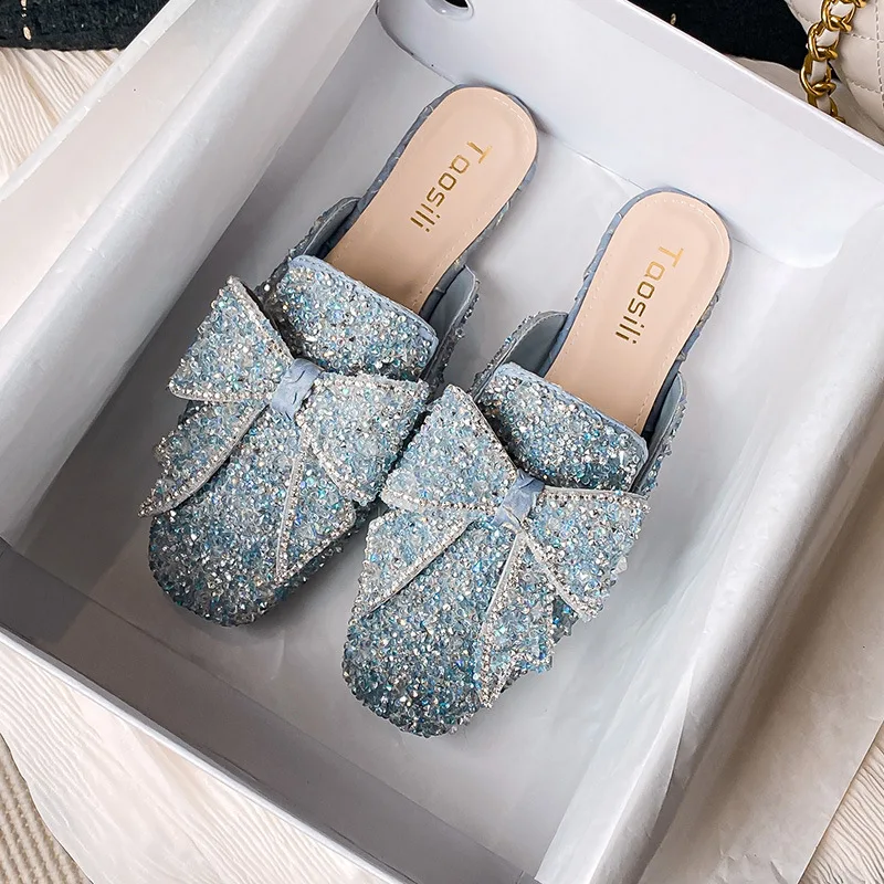 Fashion Half Slippers for Women Wearing Bow Shaped Rhinestone Slides Sandals Summer Outings Flat Soled Mules Shoes Ladies Shoes