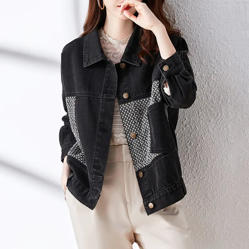 

Black and gray stitching denim jacket women's spring and autumn new fashion all-match Korean style casual loose jacket top